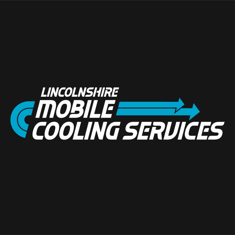 Logo for Lincolnshire Mobile Cooling Services with blue and white text on a black background.